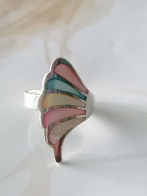 925 Silver Butterfly Feather Ring with Colored Mother of Pearl New, Size 66 (US 11.5)