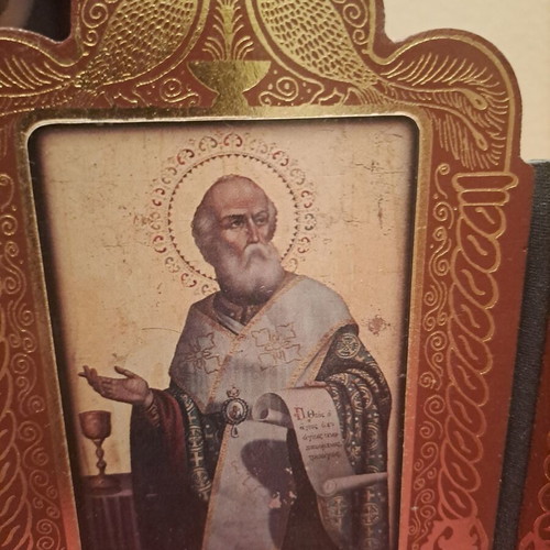 Wooden religious diptych with Virgin Mary and Saint John the Theologian used