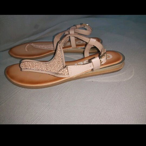 Gioseppo beige sandals used with 3 cm gold heel and decorative stones