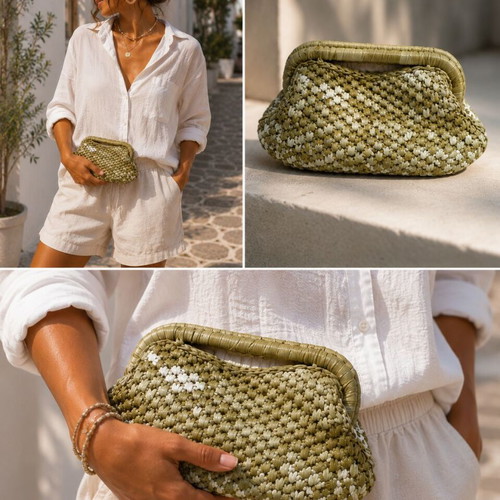 Knitted handmade raffia bag in olive beige shades