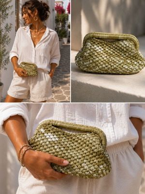 Knitted handmade raffia bag in olive beige shades