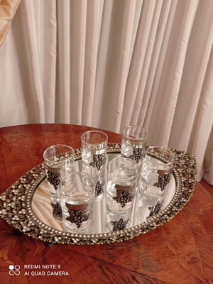 Shot glasses with pewter grapes new, set of 6 pieces