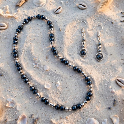 Handmade crystal beaded elegant jewelry set new, black and silver
