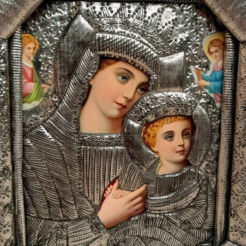 Virgin Mary with Christ Child religious icon with embossed metal riza, early 20th century