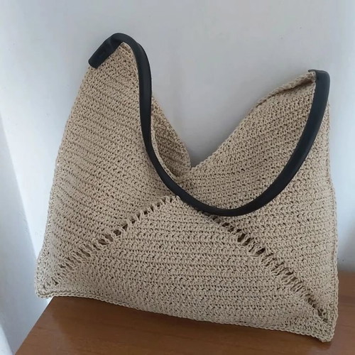 Raffia shoulder bag with leatherette handles new, black and beige