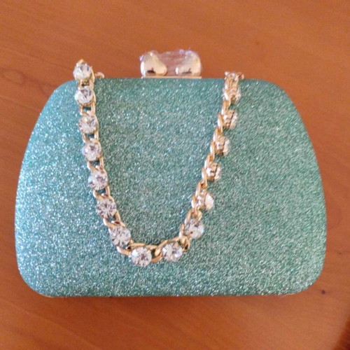 Mint rhinestone clutch bag new with heart clasp and chains