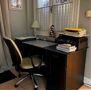Γραφείο καφέ με συρτάρια και ντουλάπια - μεταλλικά πόμολα & καρέκλα