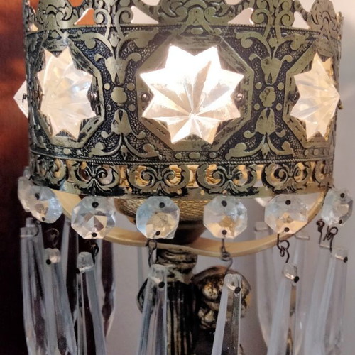 Vintage brass table lamp with cherub and hanging crystals