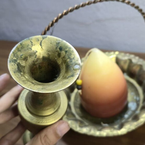 Carved Brass Vase and Decorative Basket Set like new
