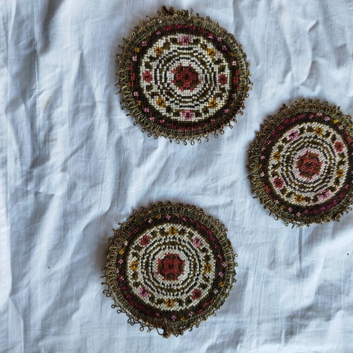 Vintage embroidered coasters used, set of 3 pieces