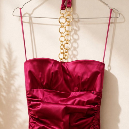 Ysatis satin fuchsia dress with gold chain, size S, evening