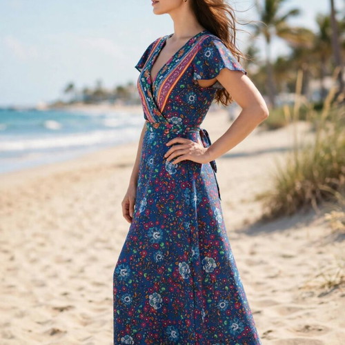 Floral Print Long Summer Dress like new, bat sleeve, v neck, wrap boho