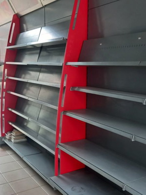 Metal Store Shelves used with illuminated header and accessories