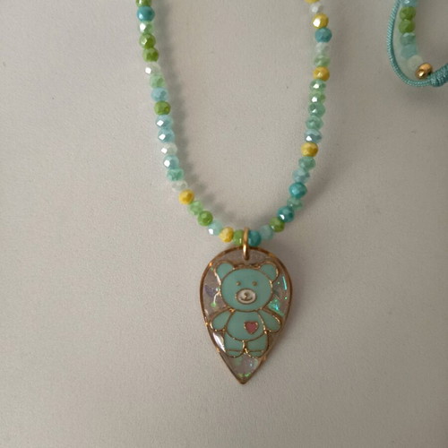 Children's teddy bear necklace with crystals, turquoise and gold colors