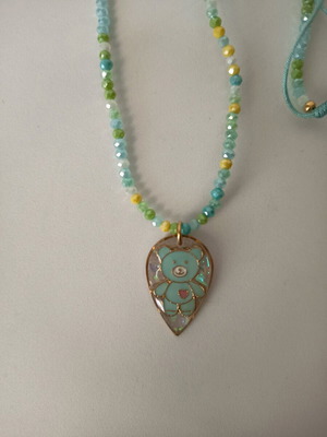 Children's teddy bear necklace with crystals, turquoise and gold colors