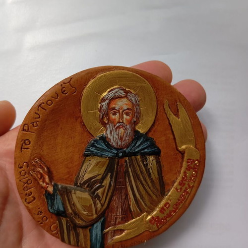 Saint Sergius of Radonezh Painted Icon from Wax, Mastic and Incense
