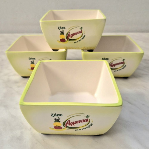 Ceramic bowls set of 4 new, light green with designs