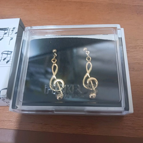 Earrings treble clef new, gold color, in box