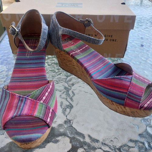 Toms platform sandals with cork and multicolor denim, like new