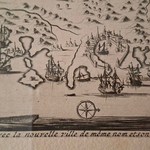 Engraving of Rhodes 1687 by O. Dapper used, copperplate with frame