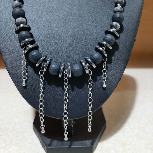 Necklace with matte onyx, larvikite, obsidian, hematite in steel new