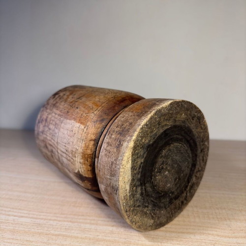 Rustic handmade wooden mortar used