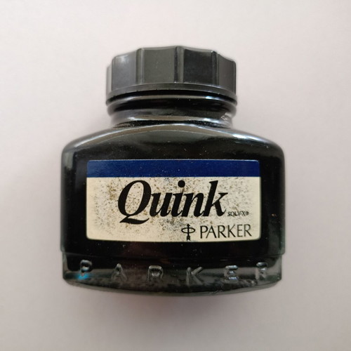 Glass ink bottle Parker Quink Solv-X used with case