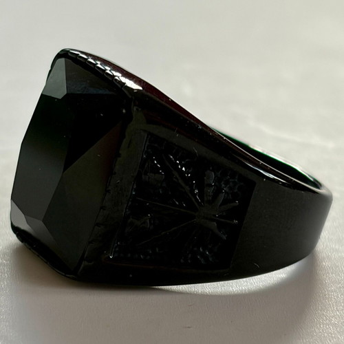Black Crystal Signet Ring brand new, palm leaf design, 316L stainless steel