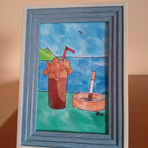 Frappé Drawing Inspired by Greek Summer, New, Watercolor and Ink