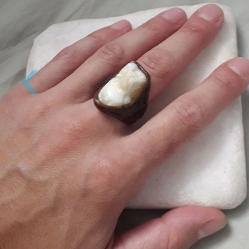 Vintage ring used, handmade leather with semi-precious stone