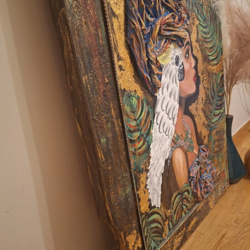 Ethnic mixed media painting on wood panel