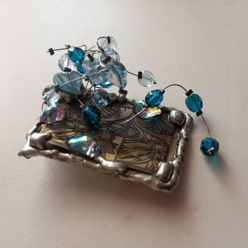 Metal handmade vintage brooch with blue and iridescent beads new