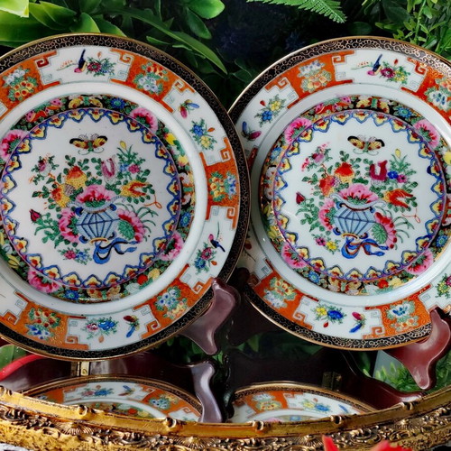 Famille Rose vintage Chinese porcelain plates, set of 2