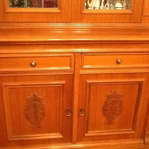 Handmade walnut display cabinet like new with crystal doors
