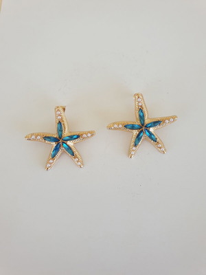 Starfish earrings like new, gold color with turquoise rhinestones and faux pearls