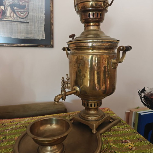 Samovar used traditional brass with tray, basin and teapot
