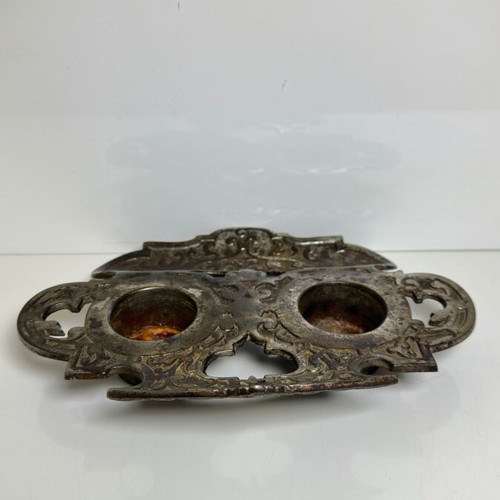 Antique double iron desk inkwell with baroque decoration
