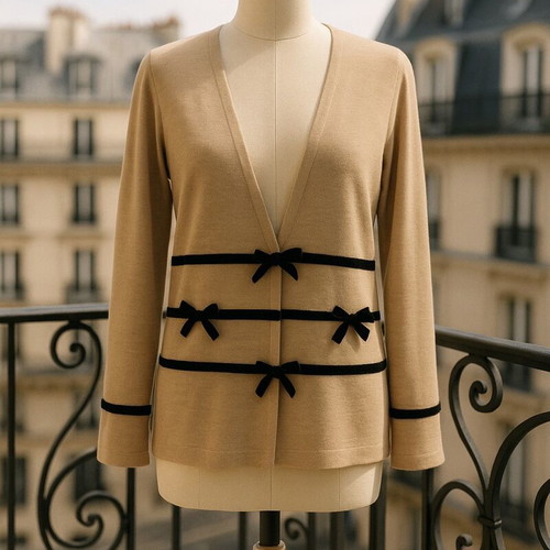 Beige Oaks cardigan with black velvet bows like new