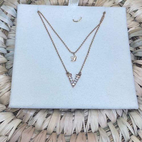 Double delicate necklace with zircon pink gold new, unworn