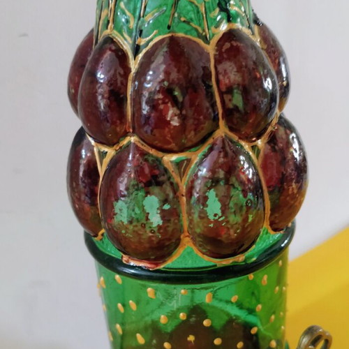 Glass bottle with colored tap like new, hand decorated