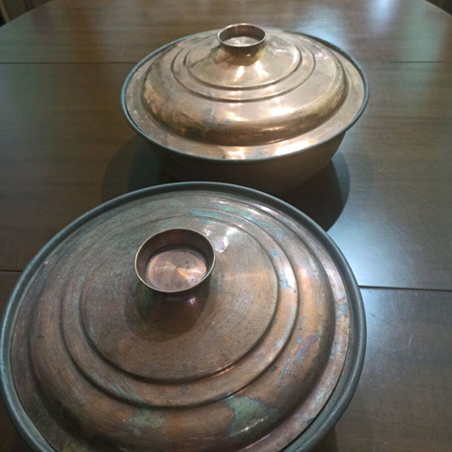Copper Cooking Pots used, set of two, 30 and 32 cm
