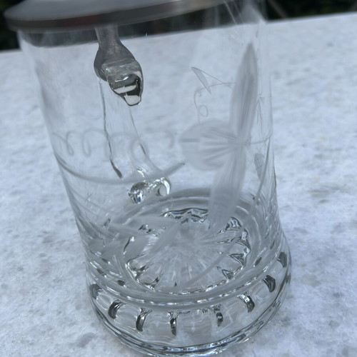 Vintage German beer stein with etched barley and hops