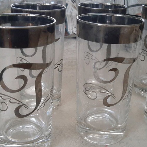 Water glasses used with monogram T, set of 7, silver