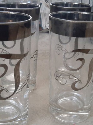 Water glasses used with monogram T, set of 7, silver