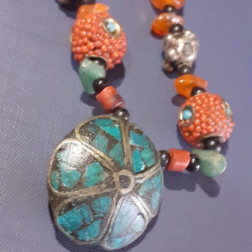 Old Tibetan Nepal necklace with stones and turquoise and coral glass beads new