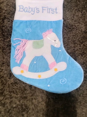 Christmas stocking Baby’s First like new, fabric with rocking horse design