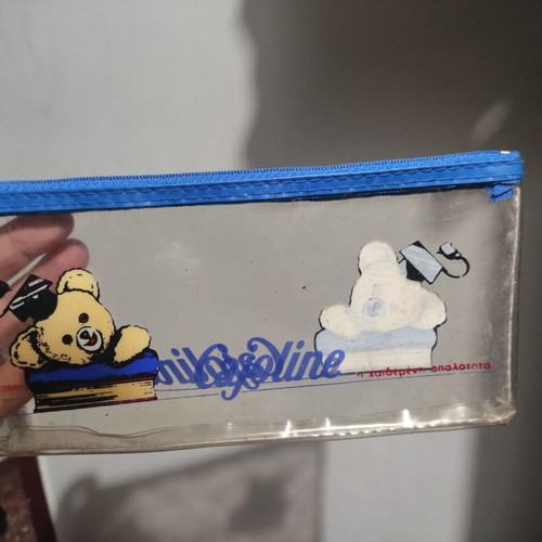 Cajoline vintage pencil case like new, transparent vinyl with blue details