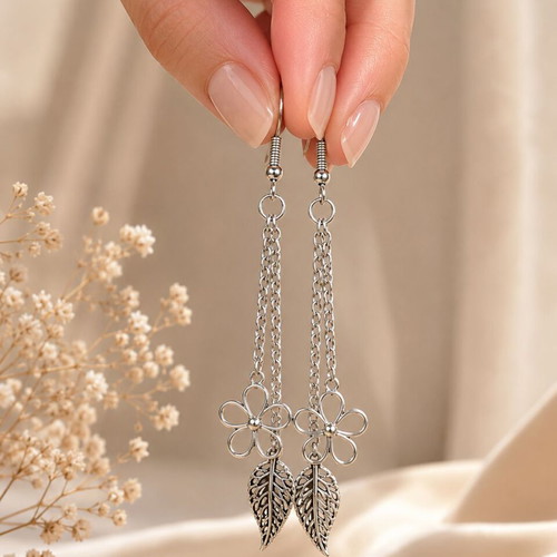 Handmade silver earrings Fairy Garden with double chain, flower and leaf