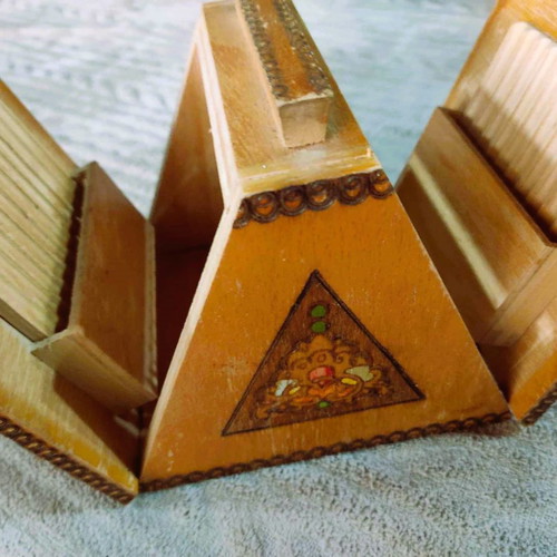 Wooden pyramid tobacco box vintage used from the 70s