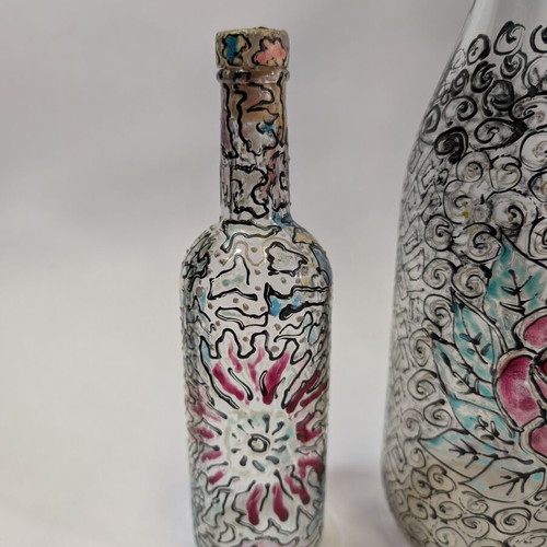 Decorative enamel-painted bottles vases used, set of 4 pieces